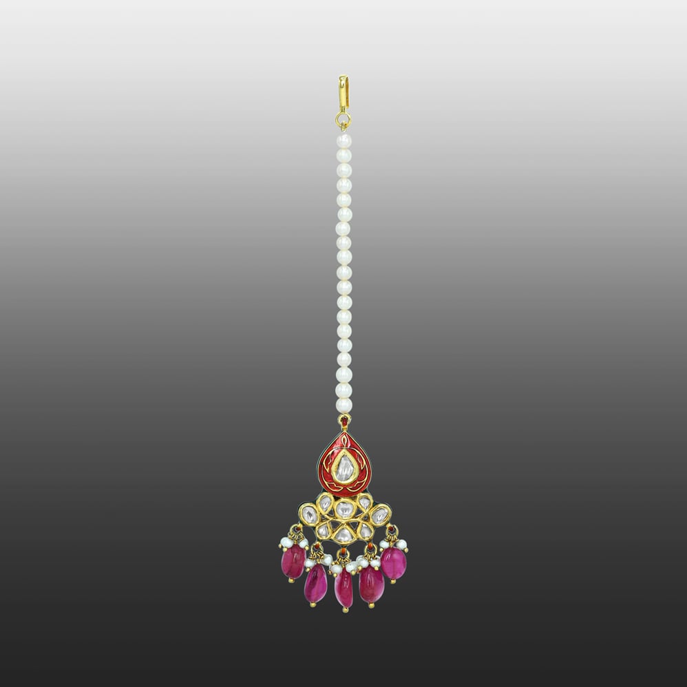 Teardrop Red Enamel Mangtikka with Polki and Tourmaline Drops